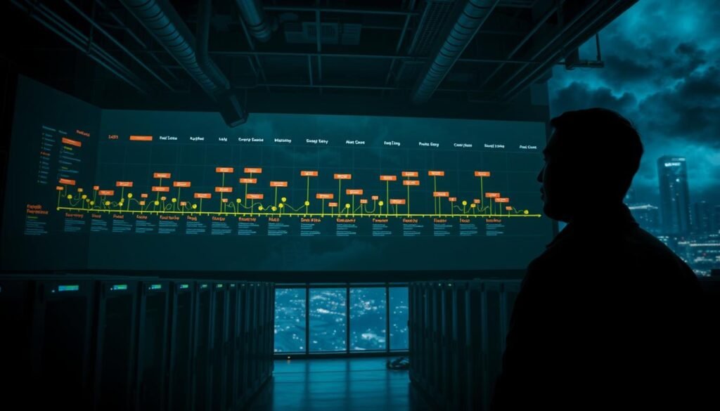 A dark, moody data center interior with a sprawling security timeline projected onto a massive wall display. The timeline visualizes a series of critical access events, represented by glowing data points and interconnecting lines. In the foreground, a security analyst intently monitors the timeline, their face illuminated by the glow of the screen. Overhead, industrial-style lighting casts dramatic shadows, adding depth and tension to the scene. The middle ground features rows of server racks, blinking lights, and the occasional flicker of a status indicator. In the background, a large window reveals a stormy, nighttime cityscape, emphasizing the gravity of the situation unfolding within the data center.