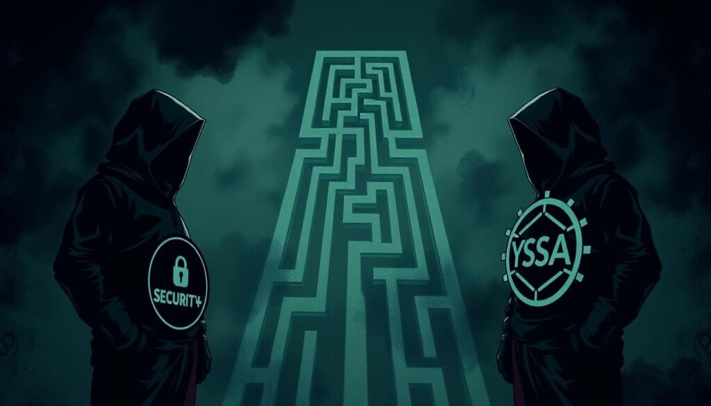 A dark, moody illustration showcasing the difficulty comparison between the CompTIA Security+ and CySA+ exams. In the foreground, two hooded figures stand facing each other, one holding a Security+ logo and the other a CySA+ logo. Their body language and stances convey a sense of intensity and challenge. The middle ground features a labyrinth-like backdrop, hinting at the complex and multilayered nature of the exams. The background is shrouded in an ominous, atmospheric haze, creating a palpable sense of tension and uncertainty. Dramatic lighting casts sharp shadows, emphasizing the gravity of the decision facing the viewer. The overall scene evokes the high-stakes, cerebral nature of the certification process.