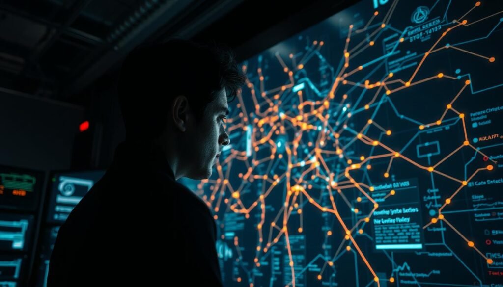 A dark, moody laboratory setting with a large, high-resolution display showing a complex web of interconnected data visualizations. Glowing lines and nodes pulsate, representing the dynamic flow of information analyzed by a state-of-the-art malware detection system. In the foreground, a lone analyst intently examines the display, their face illuminated by the screen's eerie glow. The lighting is dramatic, with deep shadows and highlights that accentuate the tension and urgency of the scene. The overall atmosphere is one of technological sophistication and the relentless pursuit of digital threats. The camera angle is slightly elevated, giving a sense of the analyst's intense focus and the scale of the data they are sifting through. A dark, moody laboratory setting with a large, high-resolution display showing a complex web of interconnected data visualizations. Glowing lines and nodes pulsate, representing the dynamic flow of information analyzed by a state-of-the-art malware detection system. In the foreground, a lone analyst intently examines the display, their face illuminated by the screen's eerie glow. The lighting is dramatic, with deep shadows and highlights that accentuate the tension and urgency of the scene. The overall atmosphere is one of technological sophistication and the relentless pursuit of digital threats. The camera angle is slightly elevated, giving a sense of the analyst's intense focus and the scale of the data they are sifting through.