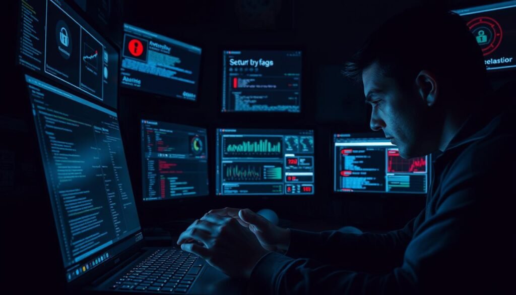A dark, moody room illuminated by the soft glow of multiple computer screens. In the foreground, a person's hands deftly navigating the PowerShell interface, lines of code casting an eerie light across their face. In the middle ground, various security tools and dashboards display threat analytics, network activity, and system vulnerabilities. The background is shrouded in shadows, hinting at the unseen dangers lurking in the digital landscape. The scene conveys a sense of vigilance and the constant battle against malicious PowerShell-based attacks. A dark, moody room illuminated by the soft glow of multiple computer screens. In the foreground, a person's hands deftly navigating the PowerShell interface, lines of code casting an eerie light across their face. In the middle ground, various security tools and dashboards display threat analytics, network activity, and system vulnerabilities. The background is shrouded in shadows, hinting at the unseen dangers lurking in the digital landscape. The scene conveys a sense of vigilance and the constant battle against malicious PowerShell-based attacks.