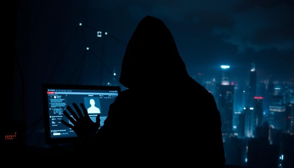 A dark, moody scene depicting the dangers of social media security breaches. In the foreground, a hooded figure silhouetted against a glowing computer screen, hands poised to infiltrate an social media account. The middle ground shows a network of interconnected devices, their lights blinking ominously. In the background, a cityscape shrouded in ominous shadows, symbolizing the far-reaching consequences of social media hacking. The scene is lit by cool, harsh lighting, creating an atmosphere of tension and unease. Dramatic angles and deep shadows emphasize the sense of threat and vulnerability. Overall, the image conveys the urgent need for robust social media security measures in the face of relentless cyber threats.