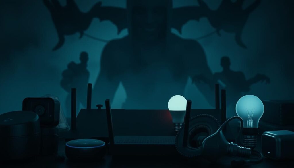 A dark, moody scene of various internet-connected devices gathered together, surrounded by a looming, ominous presence. In the foreground, a collection of smart home gadgets - a security camera, a wireless router, a voice assistant, and a smart lightbulb - all cast in a sinister, low-key lighting. In the middle ground, shadowy silhouettes of other connected devices loom, their purpose unclear. The background is a hazy, uncertain space, suggesting a larger network of compromised systems. The overall atmosphere evokes a sense of dread and the unseen dangers of an IoT botnet.