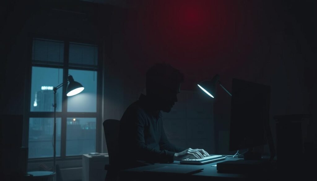 A dark office space, dimly lit by a single desk lamp. In the foreground, a lone figure sitting at a computer, their face obscured by shadows, hands typing furtively. Tension hangs thick in the air, as if they are plotting a malicious act. In the middle ground, a window offers a glimpse of the outside world, a stark contrast to the claustrophobic and ominous atmosphere within. The background is hazy, filled with the ghostly outlines of filing cabinets and office equipment, hinting at the sensitive information that lies vulnerable. The lighting is moody, creating deep shadows and highlights that heighten the sense of unease and danger. This is the world of the insider threat, where trusted insiders can pose a grave risk to an organization.