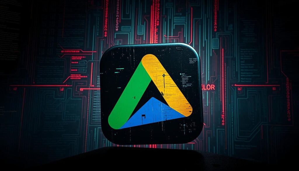A dark, ominous Google Play app icon looms large, its familiar colors distorted and corrupted. Glitches and digital artifacts swarm the surface, hinting at hidden malware lurking within. In the background, a labyrinth of tangled code and cryptic symbols suggests the sophisticated mechanisms used to conceal the threat. Harsh, dramatic lighting casts deep shadows, creating an atmosphere of unease and danger. The scene conveys the stealth and deception employed by modern Android malware, hidden in plain sight on the very platform designed to protect users.