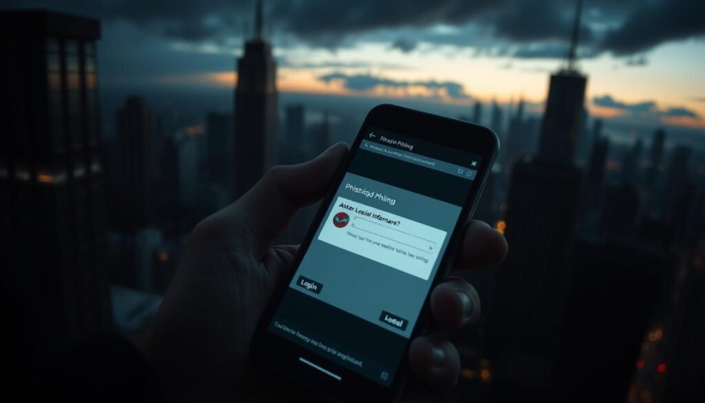 A dark, ominous cityscape at dusk, with towering skyscrapers and a brooding, foreboding atmosphere. In the foreground, a person's hand holding a smartphone, the screen displaying various warning signs - a phishing email, a suspicious login prompt, a pop-up asking for sensitive information. The lighting is harsh, casting deep shadows that convey a sense of unease and danger. The lens is slightly wide-angled, creating a sense of immersion and urgency. The overall mood is one of heightened awareness and the need to be vigilant against the early warning signs of a social engineering attack.