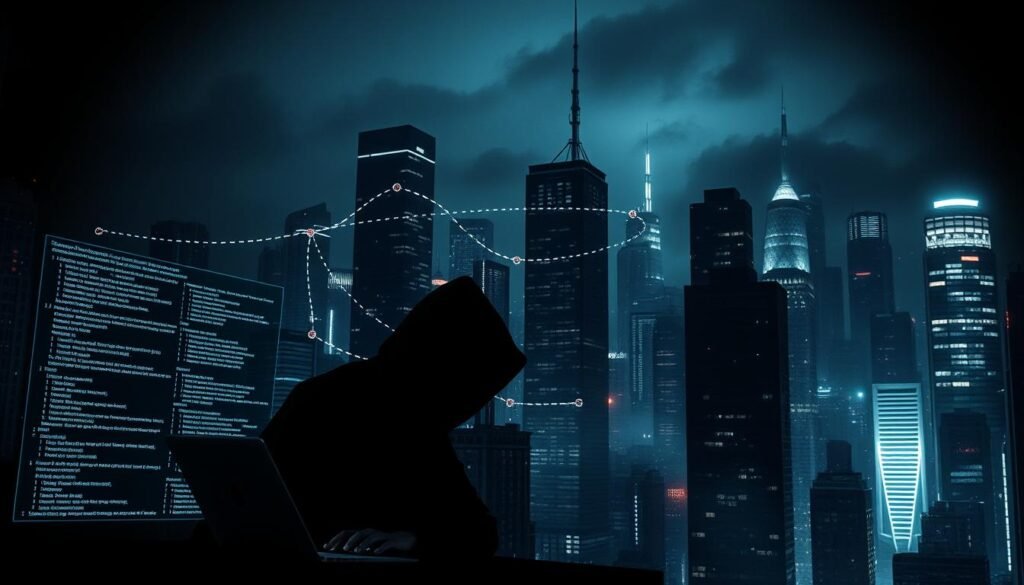 A dark, ominous cityscape at night, shrouded in an aura of mystery and danger. In the foreground, a hooded figure hunched over a laptop, coding furiously, their face obscured by shadows. Nearby, a series of holographic displays showcase complex algorithms and lines of code, representing the intricate mechanisms of a zero-day attack. In the middle ground, skyscrapers loom, their windows glowing with an eerie, sinister light, hinting at the vulnerabilities that hackers might exploit. The background is a landscape of towering, dystopian structures, their sharp angles and harsh lighting creating a sense of unease and foreboding. The overall atmosphere is one of tense anticipation, where the unseen threats of zero-day attacks lurk, waiting to unleash their devastating impact on an unsuspecting world.