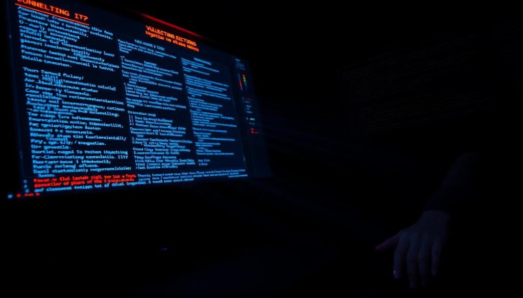 A dark, ominous computer console, its display flickering with lines of code. Glowing warning signs and error messages hint at the vulnerabilities lurking within. In the foreground, a cursor blinks ominously, poised to exploit the system. Shadows stretch across the scene, creating an atmosphere of unease and impending danger. The lighting is dramatic, casting deep shadows and highlights that accentuate the technical details. The angle is slightly elevated, giving the viewer a sense of foreboding. This image conveys the critical importance of identifying and addressing injection vulnerabilities before they can be exploited by malicious actors. A dark, ominous computer console, its display flickering with lines of code. Glowing warning signs and error messages hint at the vulnerabilities lurking within. In the foreground, a cursor blinks ominously, poised to exploit the system. Shadows stretch across the scene, creating an atmosphere of unease and impending danger. The lighting is dramatic, casting deep shadows and highlights that accentuate the technical details. The angle is slightly elevated, giving the viewer a sense of foreboding. This image conveys the critical importance of identifying and addressing injection vulnerabilities before they can be exploited by malicious actors.