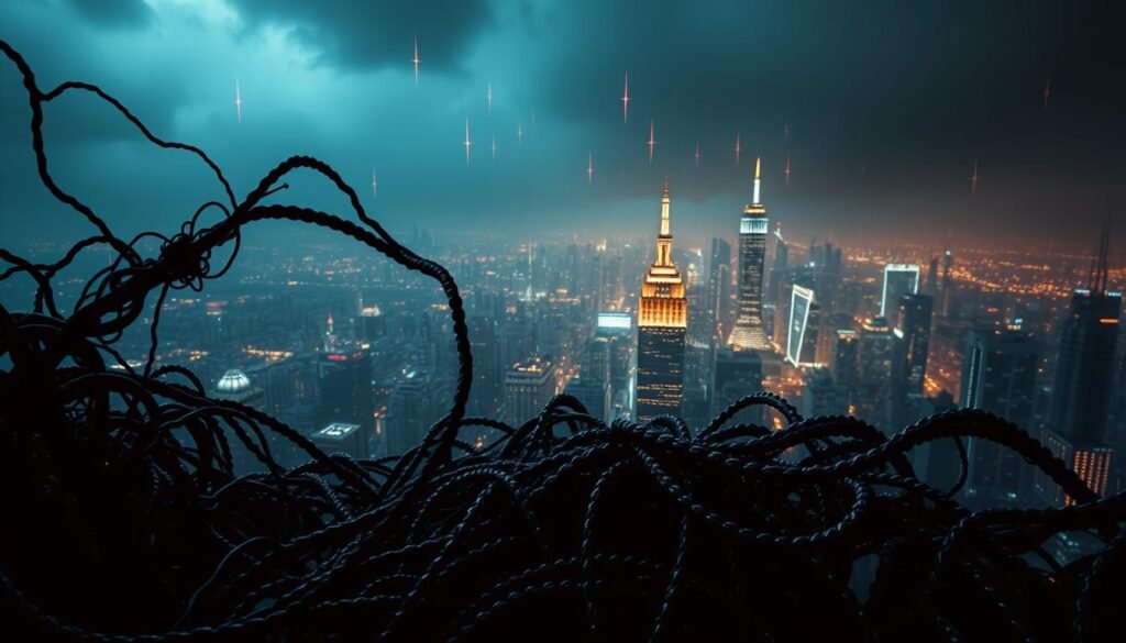 A dark, ominous cyberpunk scene depicting the inner workings of a botnet malware. In the foreground, a swirling mass of twisted, metallic tendrils represents the malicious code infecting and controlling a network of compromised devices. In the middle ground, a sprawling cityscape of glowing towers and holographic displays serves as the backdrop, conveying the scale and pervasiveness of the botnet's reach. The lighting is moody and dramatic, with deep shadows and harsh contrasts, creating a sense of unease and foreboding. The overall atmosphere is one of technological dystopia, where the botnet has become a sinister, all-encompassing force, ready to unleash its destructive power on an unsuspecting world.