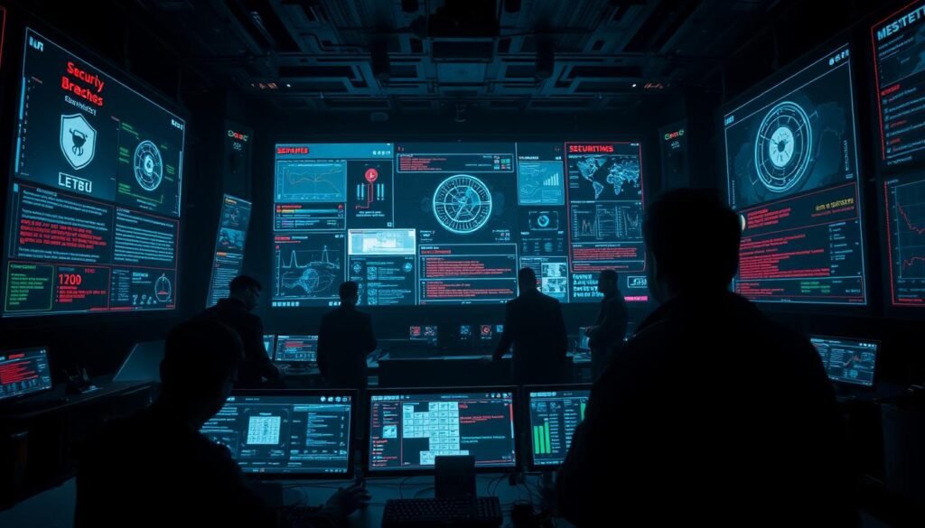 A dark, ominous cybersecurity control room with a massive holographic display showing various security breach warnings and data visualizations. In the foreground, a team of analysts intently monitoring the systems, their faces cast in the eerie glow of the screens. Shadowy figures lurk in the background, hinting at the unseen threats. The lighting is harsh and dramatic, casting deep shadows and emphasizing the sense of urgency and danger. The camera angle is slightly low, adding to the ominous atmosphere. The overall mood is one of heightened tension and the weight of the security risks at hand.