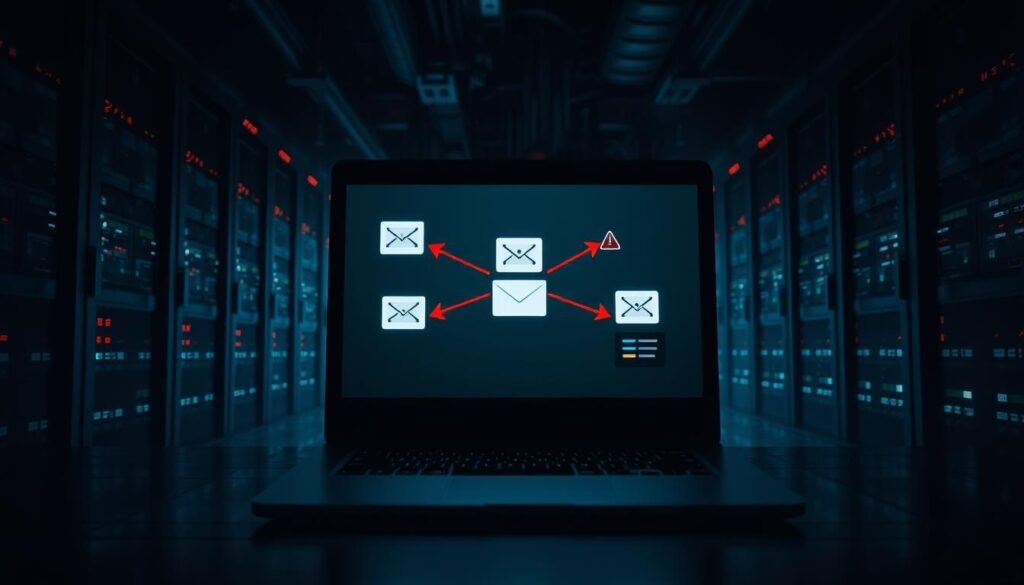 A dark, ominous data center backdrop, with rows of server racks and blinking status lights. In the foreground, a laptop screen displays a network diagram, with arrows and warning icons highlighting vulnerable email connections. Shadows loom, conveying a sense of looming digital threats. Dramatic lighting casts dramatic shadows, emphasizing the gravity of the situation. The overall mood is one of foreboding, underscoring the serious risks of email data leakage.