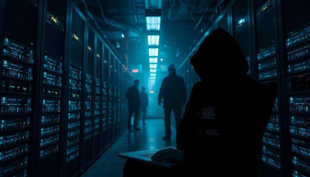 A dark, ominous data center filled with glowing servers and blinking lights, casting an eerie glow. In the foreground, a hacker's laptop displays a complex web of data connections, vulnerability exploits, and security breaches. Shadowy figures lurk in the background, hinting at the unseen threats that loom over the network. The scene conveys a sense of impending danger, the fragility of data security, and the urgent need to address authentication bypass vulnerabilities. Moody lighting and a monochromatic color palette enhance the tense, foreboding atmosphere.