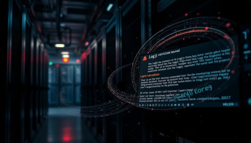 A dark, ominous data center with servers and networking equipment. Dim, eerie lighting casts long shadows, creating an atmosphere of foreboding. In the foreground, a close-up view of a server console displaying error messages and vulnerability notifications related to the Log4j exploit. Swirling digital glyphs and code fragments surround the screen, symbolizing the widespread impact and rapid spread of the vulnerability. The background is blurred, hinting at the broader scale of the crisis, with other servers and systems potentially affected. The scene conveys a sense of urgency, chaos, and the gravity of the Log4j vulnerability's consequences. A dark, ominous data center with servers and networking equipment. Dim, eerie lighting casts long shadows, creating an atmosphere of foreboding. In the foreground, a close-up view of a server console displaying error messages and vulnerability notifications related to the Log4j exploit. Swirling digital glyphs and code fragments surround the screen, symbolizing the widespread impact and rapid spread of the vulnerability. The background is blurred, hinting at the broader scale of the crisis, with other servers and systems potentially affected. The scene conveys a sense of urgency, chaos, and the gravity of the Log4j vulnerability's consequences.