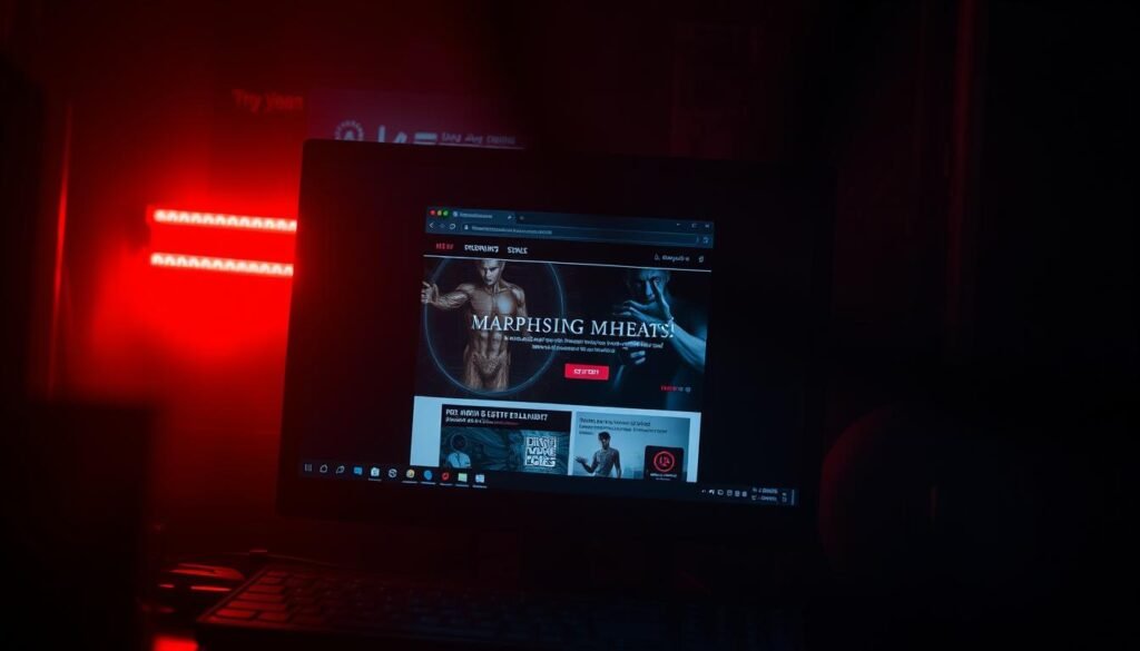 A dark, ominous desktop computer screen, its display flickering with a web browser window open. Within the browser, a sinister advertisement appears, its design laced with malicious intent. The advertisement's layout is sleek and deceptive, drawing the viewer's attention with bold graphics and subtle animations. The lighting is harsh and unforgiving, casting deep shadows that obscure the true nature of the threat. The scene conveys a sense of unease and impending danger, hinting at the unseen risks of "malvertising" - the insidious practice of embedding malware within seemingly harmless online advertisements.