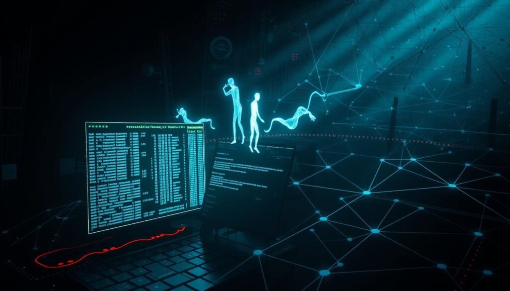 A dark, ominous digital landscape showcasing the techniques of fileless malware. In the foreground, a glowing, ethereal program seamlessly integrates with legitimate system processes, evading detection. In the middle ground, ghostly command lines and script fragments materialize, executing malicious payloads without leaving persistent files. The background is a labyrinth of interconnected networks, pulsing with the flow of data, where the malware stealthily propagates. Dramatic chiaroscuro lighting casts long shadows, conveying the pervasive, invisible nature of this threat. The overall mood is one of technological unease, highlighting the challenges of defending against fileless attacks. A dark, ominous digital landscape showcasing the techniques of fileless malware. In the foreground, a glowing, ethereal program seamlessly integrates with legitimate system processes, evading detection. In the middle ground, ghostly command lines and script fragments materialize, executing malicious payloads without leaving persistent files. The background is a labyrinth of interconnected networks, pulsing with the flow of data, where the malware stealthily propagates. Dramatic chiaroscuro lighting casts long shadows, conveying the pervasive, invisible nature of this threat. The overall mood is one of technological unease, highlighting the challenges of defending against fileless attacks.