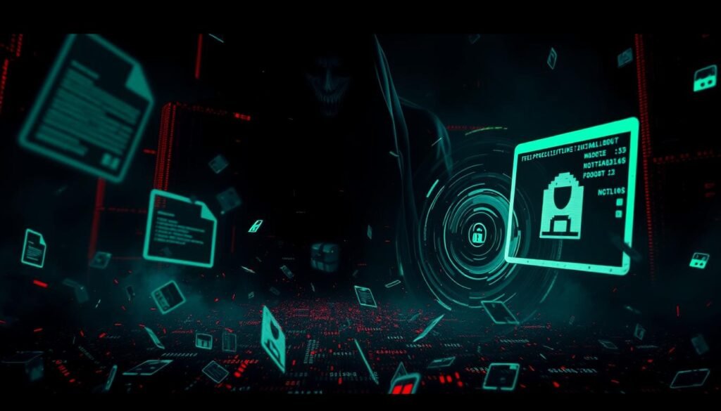 A dark, ominous digital landscape, with glitching, corrupted files and code fragments floating ominously in the foreground. Swirling vortexes of binary data and distorted, sinister-looking computer icons in the middle ground, hinting at the insidious nature of the malware infection. In the background, a looming, shadowy figure or presence, representing the unseen, malicious forces behind the attack. Dramatic chiaroscuro lighting, creating a sense of foreboding and tension. Rendered in a gritty, cyberpunk-inspired aesthetic, with a color palette dominated by shades of black, red, and green to evoke the technological nightmare of a persistent malware infection. A dark, ominous digital landscape, with glitching, corrupted files and code fragments floating ominously in the foreground. Swirling vortexes of binary data and distorted, sinister-looking computer icons in the middle ground, hinting at the insidious nature of the malware infection. In the background, a looming, shadowy figure or presence, representing the unseen, malicious forces behind the attack. Dramatic chiaroscuro lighting, creating a sense of foreboding and tension. Rendered in a gritty, cyberpunk-inspired aesthetic, with a color palette dominated by shades of black, red, and green to evoke the technological nightmare of a persistent malware infection.