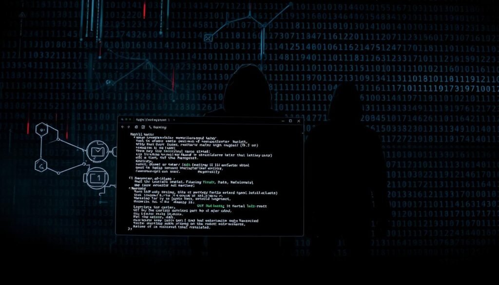 A dark, ominous digital landscape. In the foreground, a web browser window with an array of hacking tools and malicious code unfolding. Glowing algorithms and data streams cascade behind it, while in the middle ground, shadowy figures lurk, orchestrating the attack. The background is a matrix of binary code, pulsing with an unsettling energy. Dramatic chiaroscuro lighting casts dramatic shadows, heightening the sense of foreboding. The scene conveys the dangerous, unseen nature of browser-based attacks, where the digital and the physical converge in a cybersecurity nightmare.
