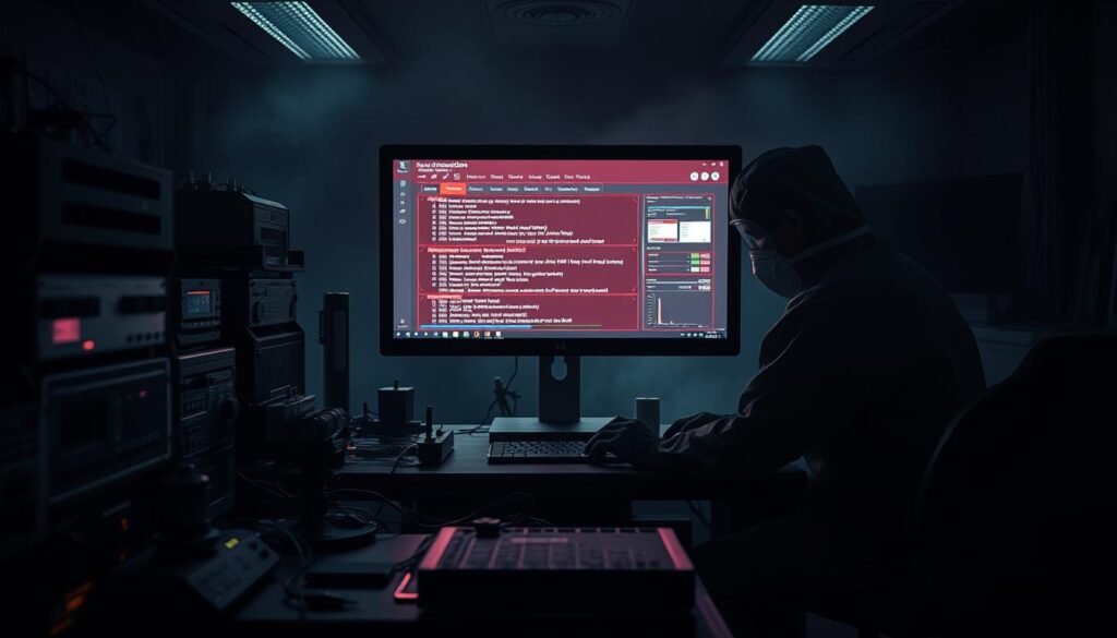 A dark, ominous laboratory workspace with a central computer monitor displaying a simulated ransomware attack sequence. In the foreground, an array of technical devices and instruments suggests an active research environment. The middle ground features a hazmat-suited researcher carefully analyzing data outputs, their expression intense and focused. The background is hazy, conveying a sense of mystery and the potential consequences of the simulation. Dramatic chiaroscuro lighting casts dramatic shadows, heightening the sense of tension and danger. The overall scene evokes a high-stakes, high-tech cybersecurity scenario unfolding in a controlled, yet unsettling, setting.