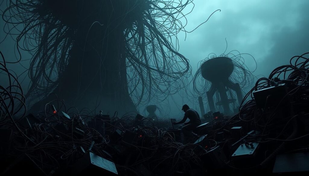 A dark, ominous landscape dominated by a looming, tangled mass of interconnected devices, each a potential node in the Mirai botnet. The foreground is a swirling, chaotic mesh of wires, cables, and distorted machinery, hinting at the scale and complexity of this malicious network. In the middle ground, shadowy figures manipulate the system, their sinister intentions obscured by the tangle of technology. The background is a hazy, foreboding void, suggesting the far-reaching, global nature of this threat. The lighting is dramatic, with harsh shadows and eerie, ominous hues, conveying a sense of dread and the relentless, unstoppable nature of the Mirai botnet. The overall tone is one of menace, power, and the looming danger of this cybersecurity nightmare. A dark, ominous landscape dominated by a looming, tangled mass of interconnected devices, each a potential node in the Mirai botnet. The foreground is a swirling, chaotic mesh of wires, cables, and distorted machinery, hinting at the scale and complexity of this malicious network. In the middle ground, shadowy figures manipulate the system, their sinister intentions obscured by the tangle of technology. The background is a hazy, foreboding void, suggesting the far-reaching, global nature of this threat. The lighting is dramatic, with harsh shadows and eerie, ominous hues, conveying a sense of dread and the relentless, unstoppable nature of the Mirai botnet. The overall tone is one of menace, power, and the looming danger of this cybersecurity nightmare.
