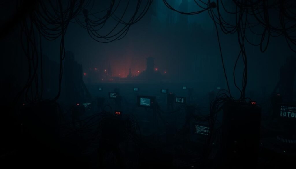 A dark, ominous landscape of the digital underworld. A dimly lit, shadowy environment with a sense of mystery and unease. In the foreground, a tangled web of interconnected nodes and pathways, representing the complex and hidden nature of the dark web. The middle ground features a series of glowing screens, displaying coded data and encrypted communications. In the background, a hazy, otherworldly glow emanates from unseen sources, casting an eerie light over the entire scene. The overall atmosphere is one of mystery, danger, and the unseen forces that lurk within the depths of the internet. A dark, ominous landscape of the digital underworld. A dimly lit, shadowy environment with a sense of mystery and unease. In the foreground, a tangled web of interconnected nodes and pathways, representing the complex and hidden nature of the dark web. The middle ground features a series of glowing screens, displaying coded data and encrypted communications. In the background, a hazy, otherworldly glow emanates from unseen sources, casting an eerie light over the entire scene. The overall atmosphere is one of mystery, danger, and the unseen forces that lurk within the depths of the internet.