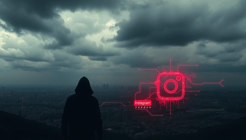A dark, ominous landscape with a shadowy figure lurking in the foreground. Gloomy clouds loom overhead, casting an eerie hue over a sprawling cityscape in the distance. In the middle ground, various social media icons - Twitter bird, Facebook "f", Instagram camera - appear distorted and corrupted, as if being hacked or infiltrated by a malicious entity. Sinister lines of code and data streams flow around these symbols, creating a sense of digital vulnerability and threat. The scene is lit by an ominous red glow, heightening the sense of danger and unease. The overall tone is one of digital peril, where social media platforms are under attack from unseen forces.