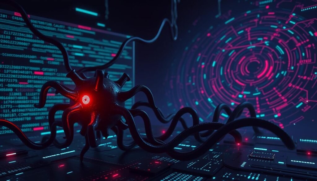 A dark, ominous-looking computer virus, its tendrils snaking across a digital landscape. In the foreground, a glowing, malicious core pulses with an eerie energy, while in the background, a complex web of code and binary data swirls, hinting at the virus's intricate inner workings. The scene is bathed in a sinister, neon-tinged glow, casting an unsettling atmosphere. Subtle shadows and highlights emphasize the 3D structure of the virus, giving it a tangible, almost physical presence. The overall composition conveys a sense of impending danger and the relentless, ever-evolving nature of cyber threats. A dark, ominous-looking computer virus, its tendrils snaking across a digital landscape. In the foreground, a glowing, malicious core pulses with an eerie energy, while in the background, a complex web of code and binary data swirls, hinting at the virus's intricate inner workings. The scene is bathed in a sinister, neon-tinged glow, casting an unsettling atmosphere. Subtle shadows and highlights emphasize the 3D structure of the virus, giving it a tangible, almost physical presence. The overall composition conveys a sense of impending danger and the relentless, ever-evolving nature of cyber threats.