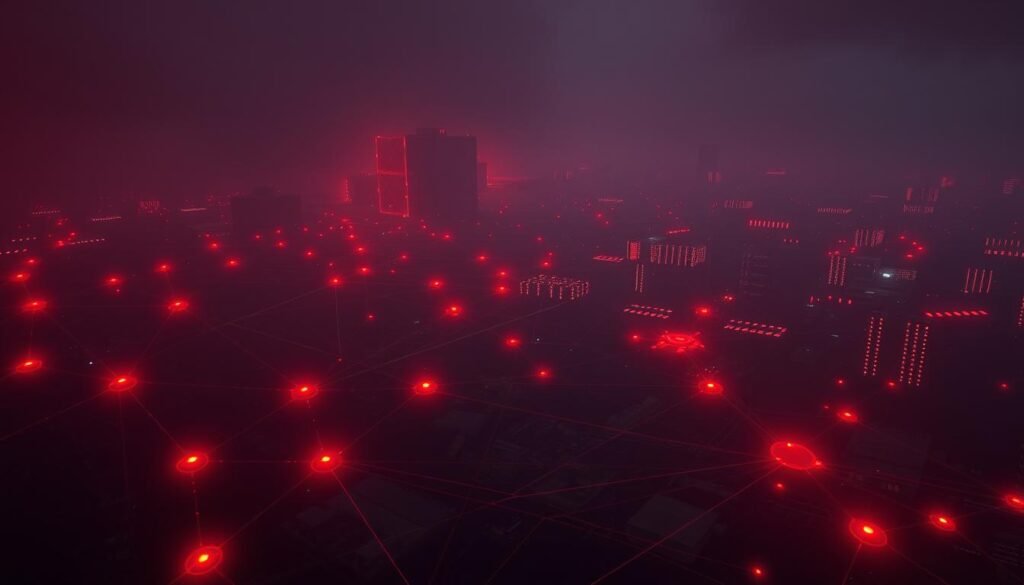 A dark, ominous network diagram depicting the warning signs of a DDoS attack. In the foreground, a series of stylized, glowing red nodes representing compromised devices, their connections pulsing with an ominous energy. In the middle ground, a complex web of interconnected nodes and lines, some flashing, others slowing to a crawl, conveying the sense of an overwhelmed system. In the background, a hazy, foreboding landscape of silhouetted servers and data centers, their lights flickering ominously. The scene is lit by an eerie, reddish glow, casting long, unsettling shadows and creating a tense, foreboding atmosphere. The overall impression is one of a system under siege, on the verge of collapse.