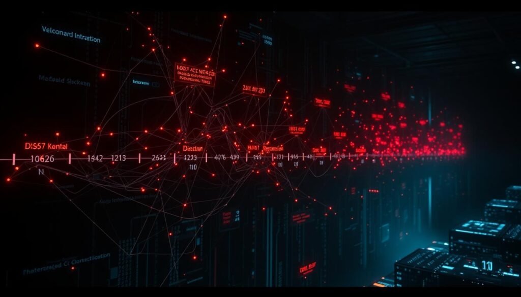 A dark, ominous network timeline unfolds, tracing the breach in vivid detail. Glowing nodes and pulsing data streams weave a tangled web, illuminating the intricate path of the attack. In the foreground, a series of chronological markers chart the escalation - from initial system infiltration to the final takeover. The middle ground depicts complex nodes and pathways, while the background fades into a shadowy digital realm, conveying the gravity of the situation. Dramatic chiaroscuro lighting casts an eerie glow, heightening the sense of tension and urgency. Rendered in a cinematic, high-contrast style, the image captures the intensity and complexity of the breach timeline.