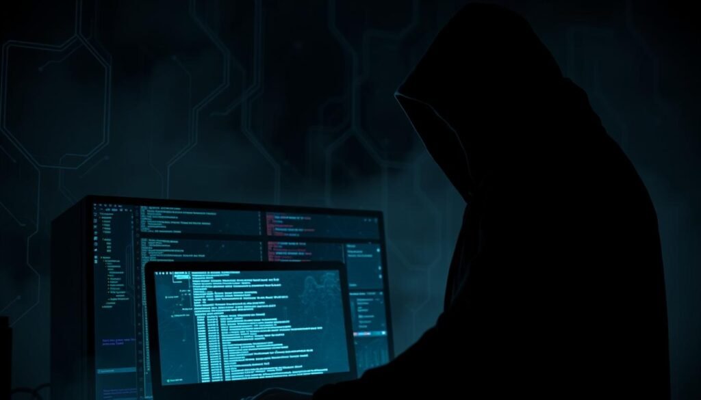 A dark, ominous scene depicting the threat of rootkits, bootkits, and firmware attacks. In the foreground, a shadowy figure representing a malicious actor, their face obscured by a hooded cloak, looming over a computer system. Intricate lines and glyphs emanate from the figure, symbolizing the stealthy and invisible nature of these advanced threats. In the middle ground, a distorted, corrupted operating system interface, with glitches and visual artifacts hinting at the presence of hidden, persistent malware. The background is shrouded in a hazy, eerie atmosphere, conveying a sense of unease and the unseen dangers lurking within the system. Dramatic lighting casts sharp shadows, emphasizing the sinister, ominous nature of the scene. The overall composition suggests the vulnerability and fragility of modern computing environments in the face of these sophisticated, hard-to-detect attacks.