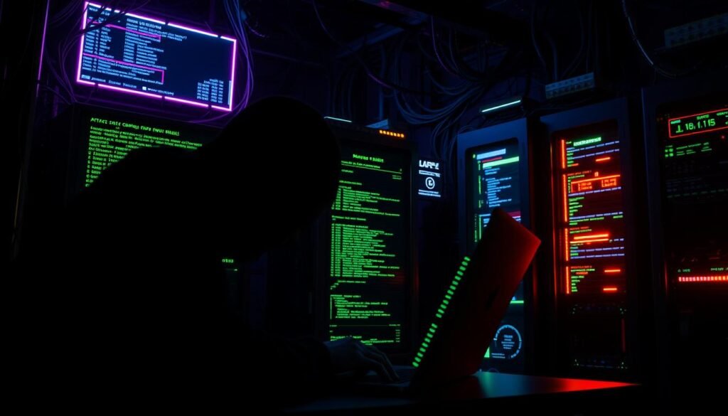 A dark, ominous scene of a malicious PowerShell attack. In the foreground, a shadowy figure hunched over a laptop, lines of glowing green code cascading across the screen. Flickering neon-hued displays in the middle ground reveal various system metrics and attack vectors. In the background, a tangle of wires and server racks, casting an eerie, industrial glow. The lighting is dramatic, with sharp contrasts and deep shadows, conveying a sense of foreboding and technological menace. The overall mood is one of a sophisticated, high-stakes cyber assault leveraging the power and versatility of PowerShell. A dark, ominous scene of a malicious PowerShell attack. In the foreground, a shadowy figure hunched over a laptop, lines of glowing green code cascading across the screen. Flickering neon-hued displays in the middle ground reveal various system metrics and attack vectors. In the background, a tangle of wires and server racks, casting an eerie, industrial glow. The lighting is dramatic, with sharp contrasts and deep shadows, conveying a sense of foreboding and technological menace. The overall mood is one of a sophisticated, high-stakes cyber assault leveraging the power and versatility of PowerShell.