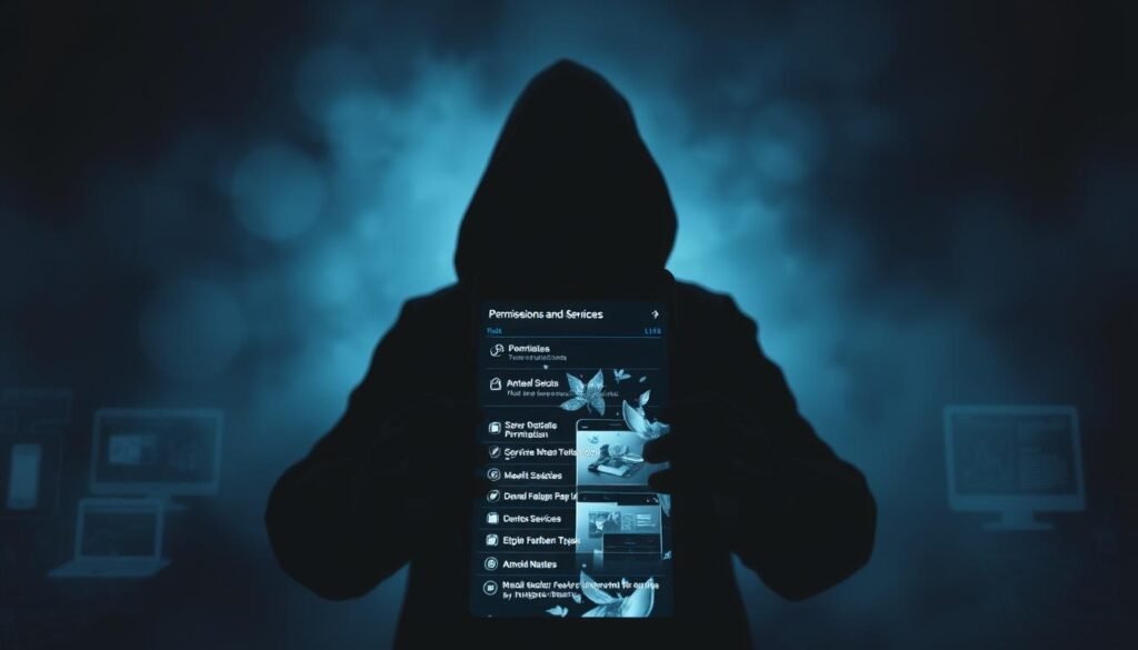 A dark, ominous scene of a mobile device's permissions and services interface. In the foreground, a shadowy figure stands before the glowing screen, hands outstretched as if manipulating the settings. The device's icon grid appears distorted, hinting at the malicious control being exerted. The background is shrouded in a gloomy, menacing atmosphere, with faint outlines of additional devices and data streams, suggesting the broader impact of the infiltration. Dramatic chiaroscuro lighting casts deep shadows, creating a sense of foreboding and the unseen consequences of this permissions abuse. The overall composition conveys the ominous transition from installation to command-and-control, a prelude to further malicious activities. A dark, ominous scene of a mobile device's permissions and services interface. In the foreground, a shadowy figure stands before the glowing screen, hands outstretched as if manipulating the settings. The device's icon grid appears distorted, hinting at the malicious control being exerted. The background is shrouded in a gloomy, menacing atmosphere, with faint outlines of additional devices and data streams, suggesting the broader impact of the infiltration. Dramatic chiaroscuro lighting casts deep shadows, creating a sense of foreboding and the unseen consequences of this permissions abuse. The overall composition conveys the ominous transition from installation to command-and-control, a prelude to further malicious activities.