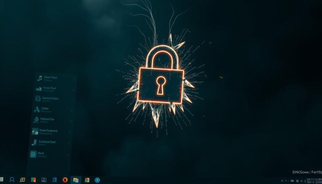 A dark, ominous scene of ransomware threats on a Windows desktop. In the foreground, a glowing, jagged ransomware symbol hovers menacingly, casting an eerie glow over the screen. Shadowy lines of code and data streams swirl around it, hinting at the malicious encryption process. In the middle ground, the Windows taskbar and icons are distorted and corrupted, suggesting the system's vulnerability. The background is shrouded in a hazy, sinister atmosphere, with a sense of impending doom and the feeling that the system is under attack. Dramatic lighting, deep shadows, and a moody, unsettling color palette convey the gravity of the ransomware threat.