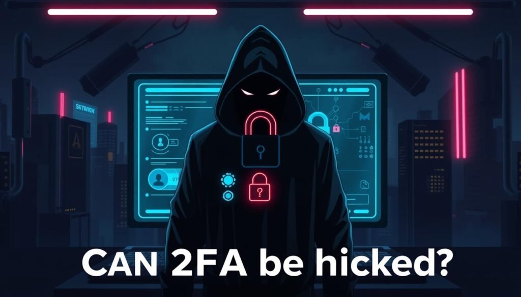 A dark, ominous tech illustration depicting the concept of "Can 2FA be hacked?". In the foreground, a menacing figure in a hooded cloak stands before a futuristic computer interface, their face obscured by shadow. The middle ground features a stylized representation of a two-factor authentication (2FA) process, with security tokens and smartphone icons. The background is shrouded in a gloomy, cyberpunk-inspired cityscape, with ominous neon lights casting an eerie glow. The overall scene conveys a sense of vulnerability and the potential for 2FA systems to be compromised by skilled cybercriminals.