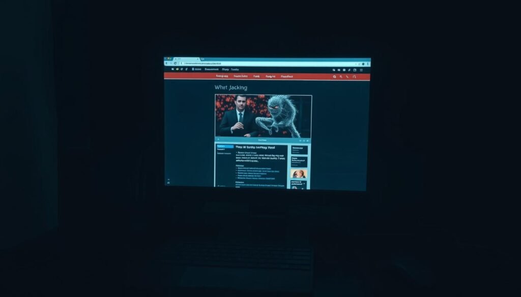 A dark room, dimly lit, with a computer monitor casting an eerie glow. On the screen, a web page appears to be a legitimate site, but hidden beneath it, a malicious overlay waits to trap the unsuspecting user. Shadows creep across the desktop, hinting at the sinister nature of this clickjacking attack. The scene conveys a sense of unease and the vulnerability of the digital landscape. A high-angle perspective emphasizes the user's powerlessness against this invisible threat. Cool tones and subtle textures add depth and realism to the image, capturing the essence of this insidious security vulnerability.