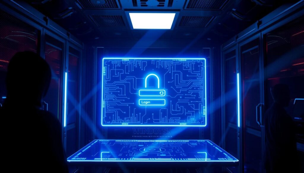 A dark, secure server room with a glowing, holographic display showcasing the intricacies of pass-the-hash techniques. Beams of neon-blue light cut through the shadows, illuminating a sleek, futuristic interface. On the screen, a three-dimensional, wireframe model of a Windows login prompt, pulsing with digital energy. Shadowy figures in the background, their faces obscured, demonstrate the seamless transition from one compromised account to the next. The atmosphere is tense, the mood one of technical mastery and unsettling power.