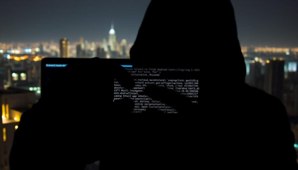 A dark, shadowy figure concealing intricate malware within an unassuming Android app package. In the foreground, a hand delicately manipulates code, obscuring its true purpose. In the middle ground, the silhouette of a laptop screen displays complex algorithms, their true nature hidden behind layers of obfuscation. In the background, a cityscape at night, lights flickering ominously, suggesting the clandestine nature of the activities taking place. The scene is illuminated by a harsh, directional light, casting deep shadows and highlighting the intricate details of the malware concealment techniques. The overall atmosphere is one of mystery, danger, and the unseen threats lurking within seemingly innocuous software. A dark, shadowy figure concealing intricate malware within an unassuming Android app package. In the foreground, a hand delicately manipulates code, obscuring its true purpose. In the middle ground, the silhouette of a laptop screen displays complex algorithms, their true nature hidden behind layers of obfuscation. In the background, a cityscape at night, lights flickering ominously, suggesting the clandestine nature of the activities taking place. The scene is illuminated by a harsh, directional light, casting deep shadows and highlighting the intricate details of the malware concealment techniques. The overall atmosphere is one of mystery, danger, and the unseen threats lurking within seemingly innocuous software.