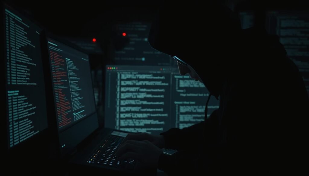 A dark, shadowy figure hunched over a computer terminal, their fingers rapidly typing lines of code. In the background, a complex web of command prompts and terminal windows, hinting at the intricate workings of a command injection attack. The scene is illuminated by the eerie glow of the screen, casting an ominous atmosphere. Shadows loom, creating a sense of tension and the feeling that something sinister is unfolding. The overall impression is one of a hacker exploiting vulnerabilities to gain unauthorized access and control of a system.