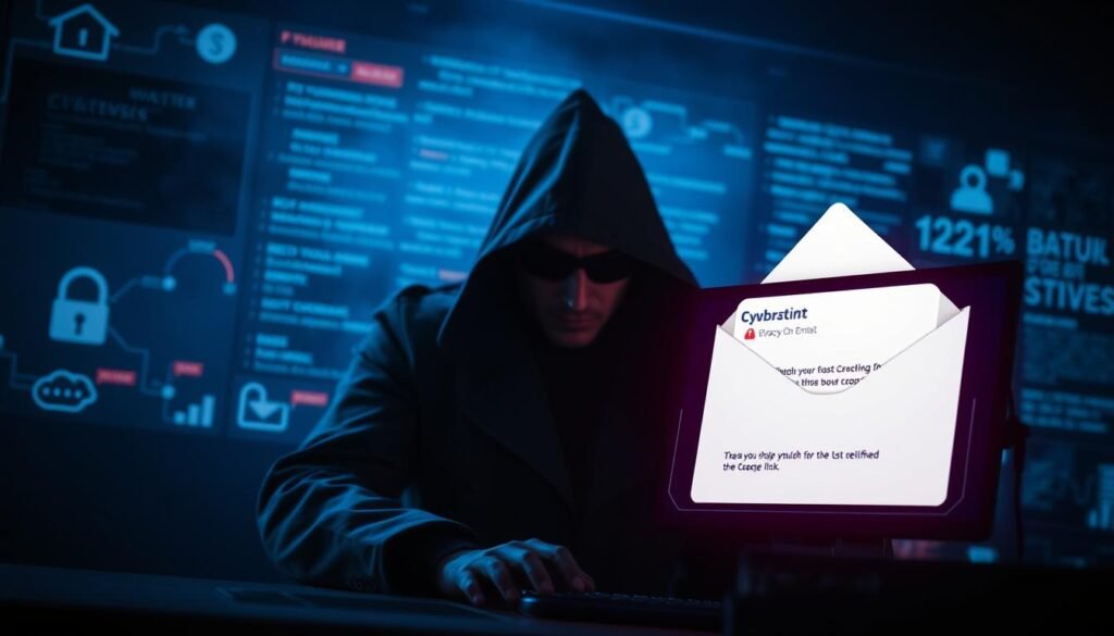 A dark, shadowy figure in a trenchcoat looms over a computer screen, plotting a sophisticated phishing scheme. In the foreground, a stylized email with a malicious link stands out against a blurred backdrop of cybersecurity icons and digital code. The scene is bathed in an eerie, bluish glow, creating a tense, foreboding atmosphere. Dramatic lighting casts deep shadows, heightening the sense of danger and the hacker's unseen machinations. The overall impression is one of the insidious threat of social engineering tactics, a cautionary tale of the need for vigilance in the digital age.
