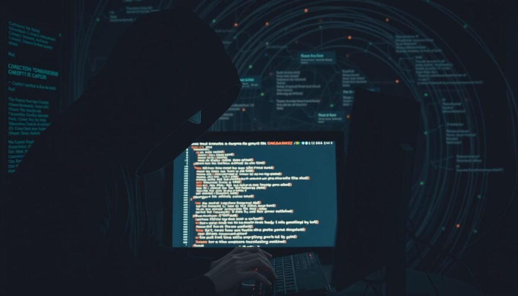 A dark, shadowy figure lurks behind a computer screen, their fingers dancing across the keyboard as they orchestrate a SQL injection attack. The scene is illuminated by the eerie glow of the monitor, casting an ominous light on the hacker's face, which is shrouded in mystery. In the background, a complex web of code and database schemas swirl, representing the intricate workings of the vulnerable system. The atmosphere is tense and foreboding, conveying the seriousness and potential consequences of this cybersecurity threat.