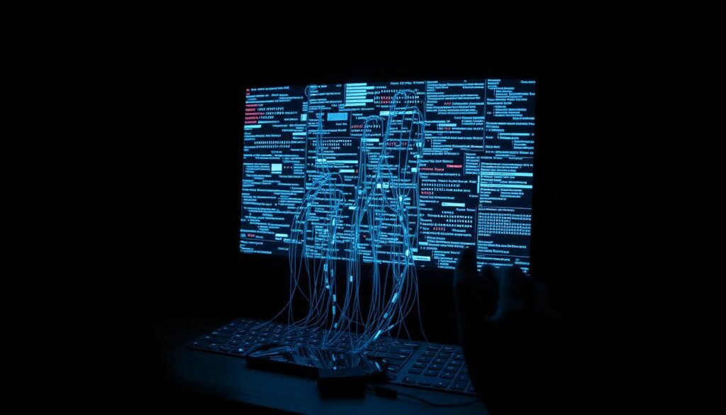 A darkened computer screen displays a jumble of sensitive data - personal information, banking details, and classified documents. Cascading streams of data leak from the screen, spilling onto the desk and pooling around a smartphone. The room is dim, lit only by the eerie glow of the monitor, casting an unsettling atmosphere. The scene conveys the gravity of a security breach, where sensitive data has been exposed through vulnerabilities in the system. Technical elements like moiré patterns, chromatic aberration, and film grain add a sense of realism and urgency to the image.