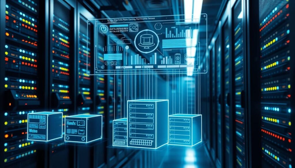 A data center filled with rows of gleaming server racks, the soft glow of LED indicators casting a futuristic ambiance. In the foreground, several virtual machines represented by abstract wireframe shapes, their interconnections and resource allocations visible. A holographic control interface hovers above, displaying real-time performance metrics and diagnostics. The scene is bathed in cool, precise lighting, conveying the clinical efficiency of a modern virtualized infrastructure, ready to withstand the challenges of data recovery in the face of ransomware threats. A data center filled with rows of gleaming server racks, the soft glow of LED indicators casting a futuristic ambiance. In the foreground, several virtual machines represented by abstract wireframe shapes, their interconnections and resource allocations visible. A holographic control interface hovers above, displaying real-time performance metrics and diagnostics. The scene is bathed in cool, precise lighting, conveying the clinical efficiency of a modern virtualized infrastructure, ready to withstand the challenges of data recovery in the face of ransomware threats.