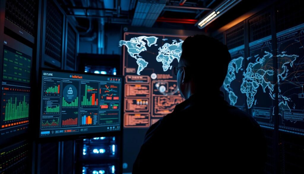 A data center interior, dimly lit with a somber atmosphere. In the foreground, a network security engineer intently monitors a dashboard displaying real-time DDoS attack metrics and mitigation strategies. The middle ground features a large server rack, its blinking lights and cooling fans symbolizing the backbone of the network infrastructure. In the background, a series of interconnected maps and graphs visualize the complex web of global internet traffic, highlighting potential attack vectors. The lighting is a moody mix of cool blues and soft, amber tones, conveying a sense of technical precision and determination to defend against the looming cyber threat.