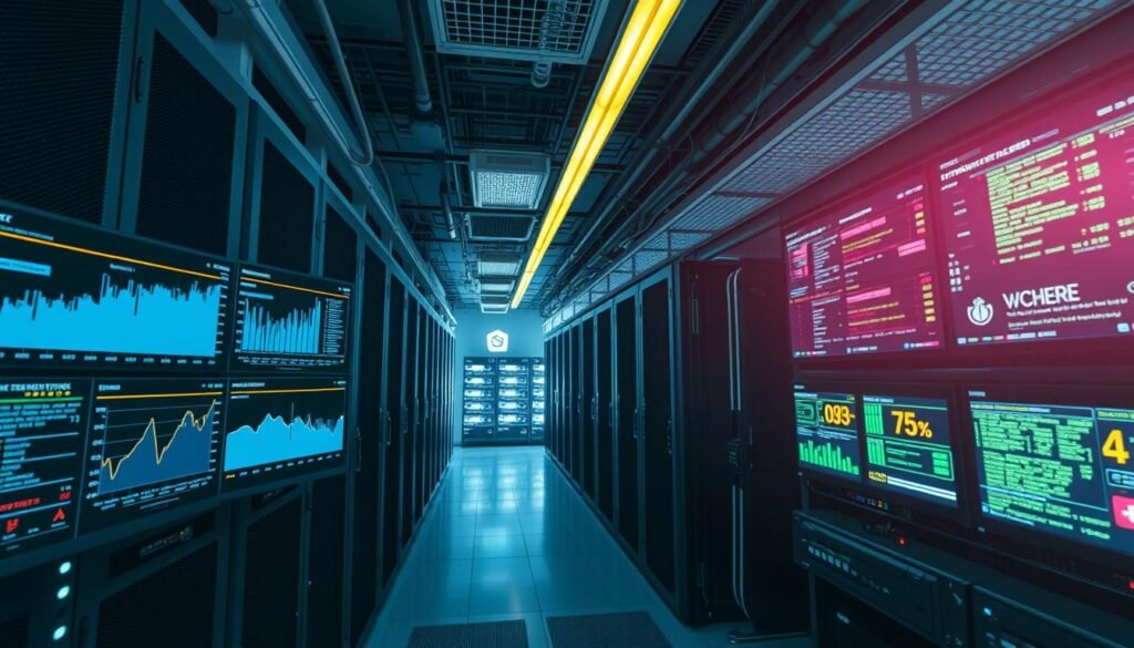 A data center interior with server racks, network equipment, and monitoring displays. The environment is well-lit, with a clean, clinical atmosphere. In the foreground, a set of network performance dashboards and graphs show traffic baselines, network utilization, and other key metrics. The middle ground features server chassis, switches, and routers, conveying the technical nature of the infrastructure. In the background, a bank of large video screens displays real-time network traffic and security monitoring data. The overall scene communicates a sense of order, control, and preparedness, setting the stage for the subsequent cyber attack. A data center interior with server racks, network equipment, and monitoring displays. The environment is well-lit, with a clean, clinical atmosphere. In the foreground, a set of network performance dashboards and graphs show traffic baselines, network utilization, and other key metrics. The middle ground features server chassis, switches, and routers, conveying the technical nature of the infrastructure. In the background, a bank of large video screens displays real-time network traffic and security monitoring data. The overall scene communicates a sense of order, control, and preparedness, setting the stage for the subsequent cyber attack.