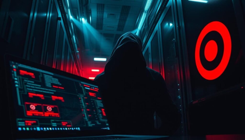 A data center's dimly lit interior, servers blinking ominously as a shadowy figure infiltrates the network. In the foreground, a laptop screen displays a complex web of data flows, with red warning icons flashing. The scene is tense, the air thick with the weight of a looming breach. Beams of light pierce the darkness, casting an ominous glow on the intruder's face, shrouded in a hooded cloak. In the background, the faint outline of a Target logo can be seen, a subtle nod to the subject matter. The overall mood is one of foreboding, with a sense of the gravity and far-reaching consequences of the impending attack.