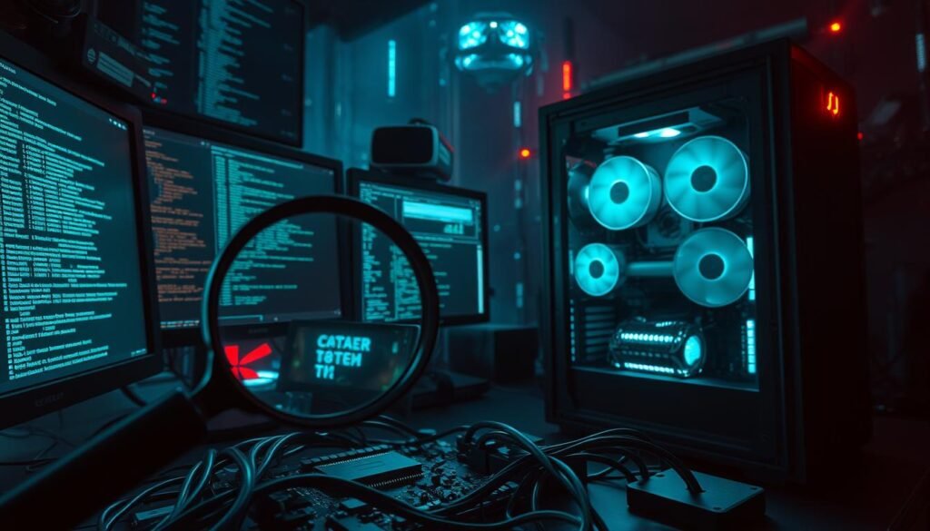 A data recovery expert's workstation, dimly lit by the glow of multiple screens displaying complex code and encrypted file systems. In the foreground, a magnifying glass hovers over a tangle of wires and circuit boards, the intricate details of a ransomware-infected device laid bare. The middle ground features a sleek, high-performance computer tower, its cooling fans whirring as it processes terabytes of data, searching for the key to unlock the encrypted files. The background is a hazy, almost futuristic landscape, with holographic displays and virtual reality headsets, reflecting the advanced, cutting-edge technology employed in the battle against ransomware. The mood is one of intense focus and determination, as the data recovery expert works tirelessly to restore the victim's critical information. A data recovery expert's workstation, dimly lit by the glow of multiple screens displaying complex code and encrypted file systems. In the foreground, a magnifying glass hovers over a tangle of wires and circuit boards, the intricate details of a ransomware-infected device laid bare. The middle ground features a sleek, high-performance computer tower, its cooling fans whirring as it processes terabytes of data, searching for the key to unlock the encrypted files. The background is a hazy, almost futuristic landscape, with holographic displays and virtual reality headsets, reflecting the advanced, cutting-edge technology employed in the battle against ransomware. The mood is one of intense focus and determination, as the data recovery expert works tirelessly to restore the victim's critical information.