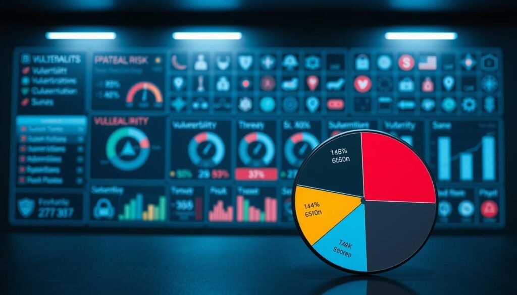 A data visualization dashboard against a sleek, minimalist backdrop. In the foreground, a pie chart depicting the prioritization of vulnerabilities, with segments labeled by severity levels. In the middle ground, a set of gauges and charts illustrating risk scores, threat levels, and remediation timelines. The background features a grid of icons representing different types of vulnerabilities, their shapes and colors conveying their relative importance. The overall scene has a cool, high-tech aesthetic, with muted blues and grays complemented by strategic pops of color to draw the eye. Crisp lighting and a shallow depth of field create a sense of depth and focus. A data visualization dashboard against a sleek, minimalist backdrop. In the foreground, a pie chart depicting the prioritization of vulnerabilities, with segments labeled by severity levels. In the middle ground, a set of gauges and charts illustrating risk scores, threat levels, and remediation timelines. The background features a grid of icons representing different types of vulnerabilities, their shapes and colors conveying their relative importance. The overall scene has a cool, high-tech aesthetic, with muted blues and grays complemented by strategic pops of color to draw the eye. Crisp lighting and a shallow depth of field create a sense of depth and focus.
