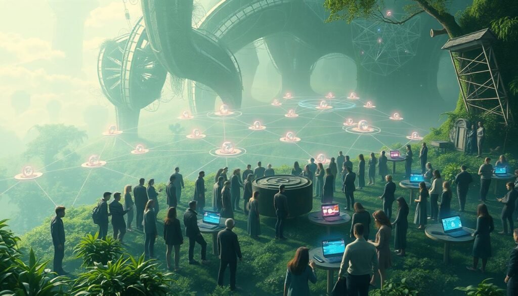 A decentralized social media landscape with a serene, organic atmosphere. In the foreground, a vibrant and diverse community of users interacting on various open-source platforms like Mastodon, Pixelfed, and Diaspora, their digital avatars gathered around a central hub. The middle ground features a sprawling network of interconnected nodes, representing the decentralized infrastructure powering these privacy-focused social apps. In the background, a verdant, dreamlike environment with lush flora and a calming, diffused light, symbolizing the sense of freedom and autonomy inherent in these decentralized social spaces. The overall mood is one of tranquility, collaboration, and a return to a more ethical, user-centric model of social interaction.