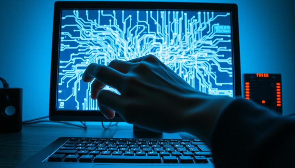 A desktop computer screen displaying an intricate web of connections, wires, and data streams, symbolizing the inner workings of a keylogger. The screen is bathed in a soft, blue-tinted light, creating an air of mystery and technological complexity. In the foreground, a hand hovers over the keyboard, poised to capture every keystroke, while in the background, a stylized representation of a computer processor or circuit board adds depth and technical detail to the scene. The overall composition conveys the hidden, insidious nature of a keylogger, a tool that can silently monitor and record user activity without their knowledge.