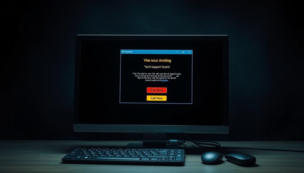 A desktop computer with a pop-up window on the screen, depicting an ominous tech support scam. The pop-up has a dire warning about a "virus" and urges the user to "Call Now!" Dramatic lighting casts an eerie glow on the device, creating a sense of urgency and alarm. The computer is set against a dark, shadowy backdrop, emphasizing the deceptive nature of the scam. The overall scene conveys a feeling of vulnerability and the need for caution when navigating online threats. A desktop computer with a pop-up window on the screen, depicting an ominous tech support scam. The pop-up has a dire warning about a "virus" and urges the user to "Call Now!" Dramatic lighting casts an eerie glow on the device, creating a sense of urgency and alarm. The computer is set against a dark, shadowy backdrop, emphasizing the deceptive nature of the scam. The overall scene conveys a feeling of vulnerability and the need for caution when navigating online threats.