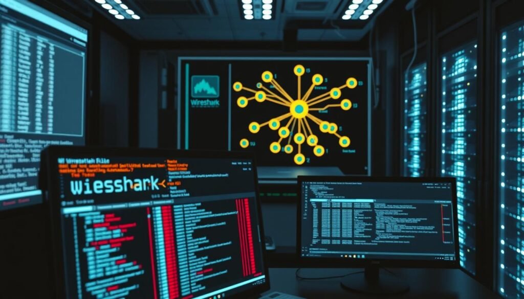 A detailed analysis of Wireshark network traffic data displayed on multiple monitors, showcasing various packet captures and visualizations. The foreground features a stylized Wireshark interface with packets flowing across the screen, color-coded by protocol. The middle ground depicts a network topology diagram, highlighting connected devices and traffic patterns. In the background, a dimly lit server room with blinking LED lights creates an atmospheric, technical ambiance. Crisp, high-resolution rendering with a muted color palette and subtle film grain, capturing the essence of a professional network analysis workflow.
