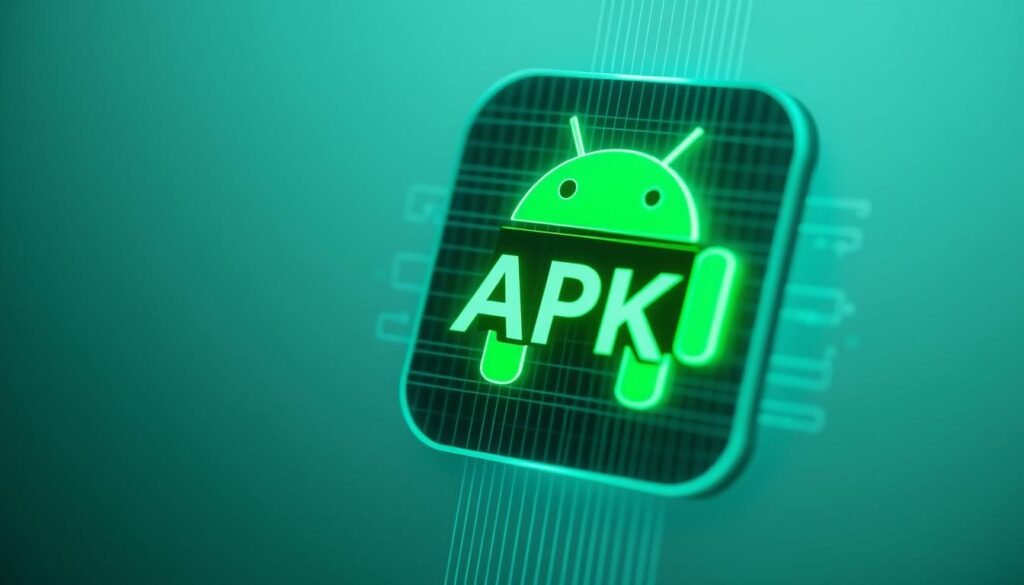 A detailed close-up of an Android app package (APK) file, showcased against a neutral background with soft lighting. The APK icon is prominently displayed, surrounded by subtle grid lines and glowing outlines to emphasize its technical nature. The file's metadata, including the name, version, and other relevant information, is subtly integrated into the composition, creating a sense of informative clarity. The overall mood is one of professionalism and technical precision, suitable for illustrating a guide on scanning APK files for viruses.